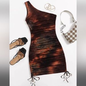 One Shoulder Drawstring Knot Ruched Tie Dye Mini Bodycon Dress